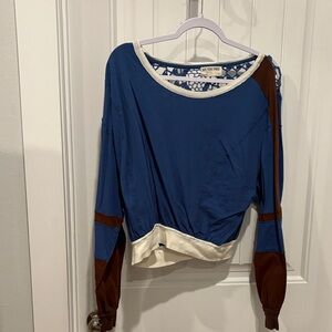 Free People Blue and Brown Sweatshirt with Cream Accents